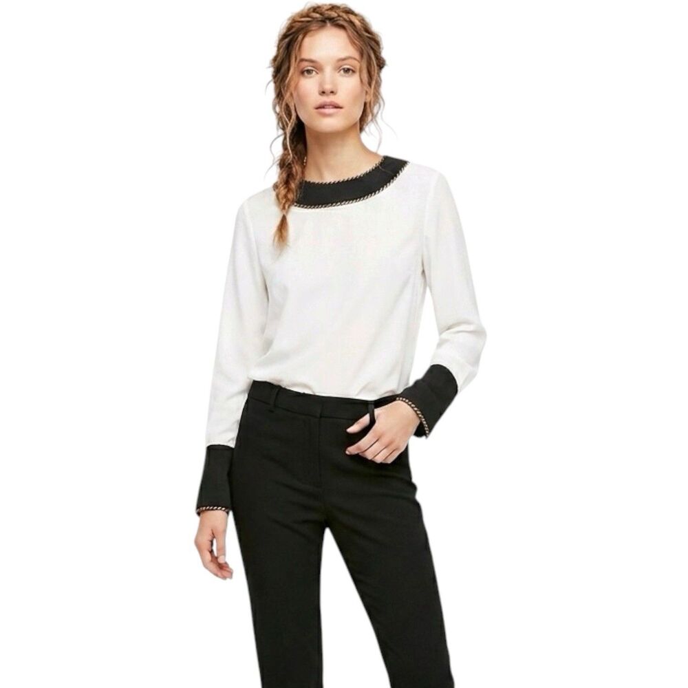 Contrast Trim Long-Sleeve Blouse in White and Black